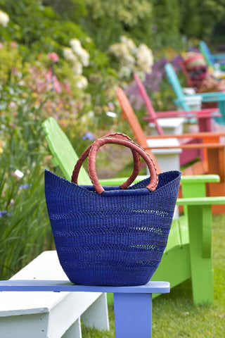 Navy Blue Lacework Wing Shopper with Leather Handle