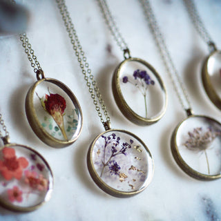 Pressed Botanical Pendant Necklaces: 20' / Botanicals with gemstones and gold flake added