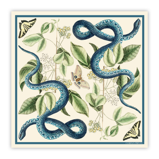 100% Silk Blue Snake & Butterfly Scarf - 17" X 17"