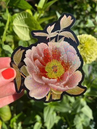 Peony Flower Glitter Sticker - 3 Inch