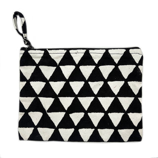 Block-Printed Canvas Zipper Pouch Black Midnight Triangles