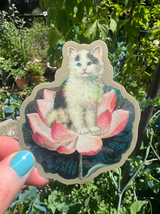 Cat on Lotus Sticker - 3 Inch