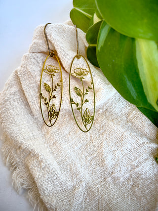 Floral Oval Vignette Brass Earrings