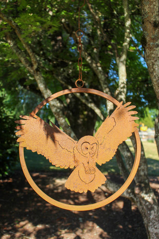 Swooping Barn Owl Hanging Ring - Metal Garden Yard Home Art