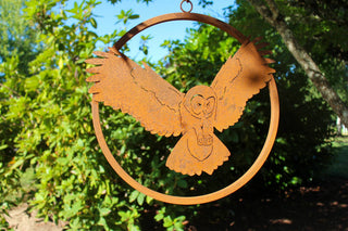 Swooping Barn Owl Hanging Ring - Metal Garden Yard Home Art