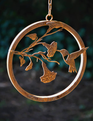 Hummingbird on Morning Glory Ring - Metal Silhouette Garden Art