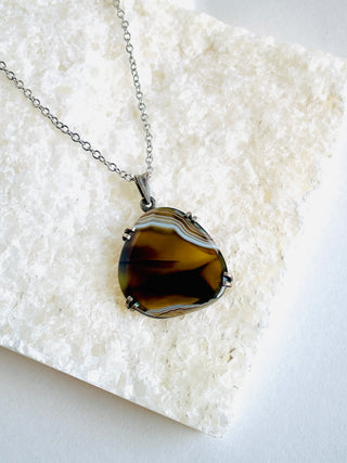 Vintage Handmade Banded Agate Sterling Silver Pendant on Silverplated Chain