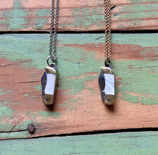 Mini Mother of Pearl Pocket Knife Necklace in Brass or Silver
