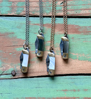 Mini Mother of Pearl Pocket Knife Necklace in Brass or Silver
