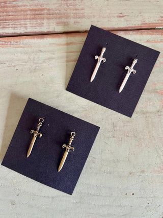 Dagger Stud Earrings in Silvertone or Brass