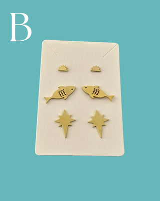 Assorted Brass Stud Earring - 3 Pair Sets