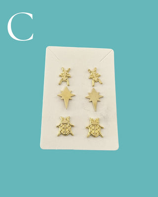 Assorted Brass Stud Earring - 3 Pair Sets
