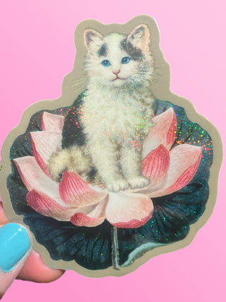 Cat on Lotus Sticker - 3 Inch