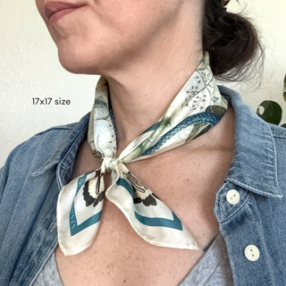 100% Silk Blue Snake & Butterfly Scarf - 17" X 17"