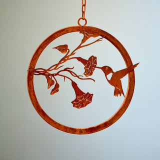 Hummingbird on Morning Glory Ring - Metal Silhouette Garden Art