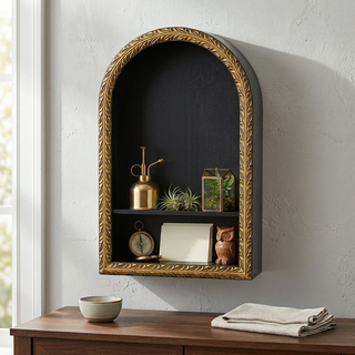 Mireza Ornate Framed Black & Gold 2 Tier Wooden Wall Shelf