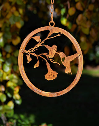 Hummingbird on Morning Glory Ring - Metal Silhouette Garden Art