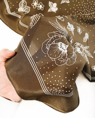 Hand Illustrated Silk Scarf Olive Floral Bandana