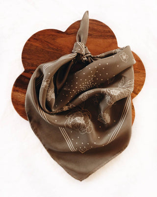 Hand Illustrated Silk Scarf Olive Floral Bandana