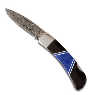 Jewelry 3" Damascus Lockback Knife with Lapis & Jet Inlay