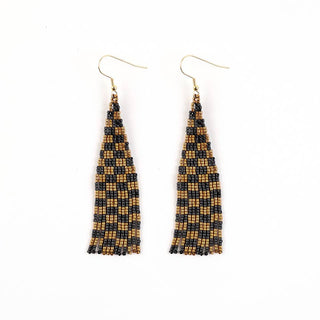 Delica Checkerboard Fringe Earrings - Brown