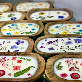 Wood Dough Bowl Soy Candle with Dried Flowers