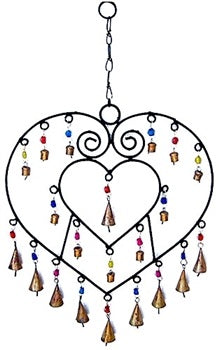 Double Heart Metal Wind Chime with Bells & Glass Beads - 14"W, 23"H