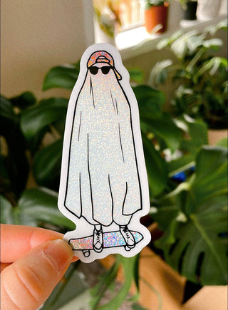 Spooky Skater Ghost Glitter Sticker