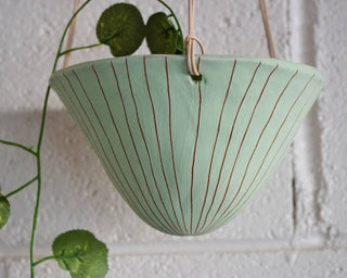 Vertical Line Hanging Planter in Green & Terracotta